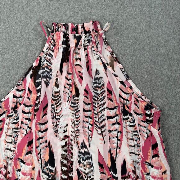 Pants Store Pink Feather Peacock Print Mini Dress Size Medium High Neck Halter - Picture 2 of 9